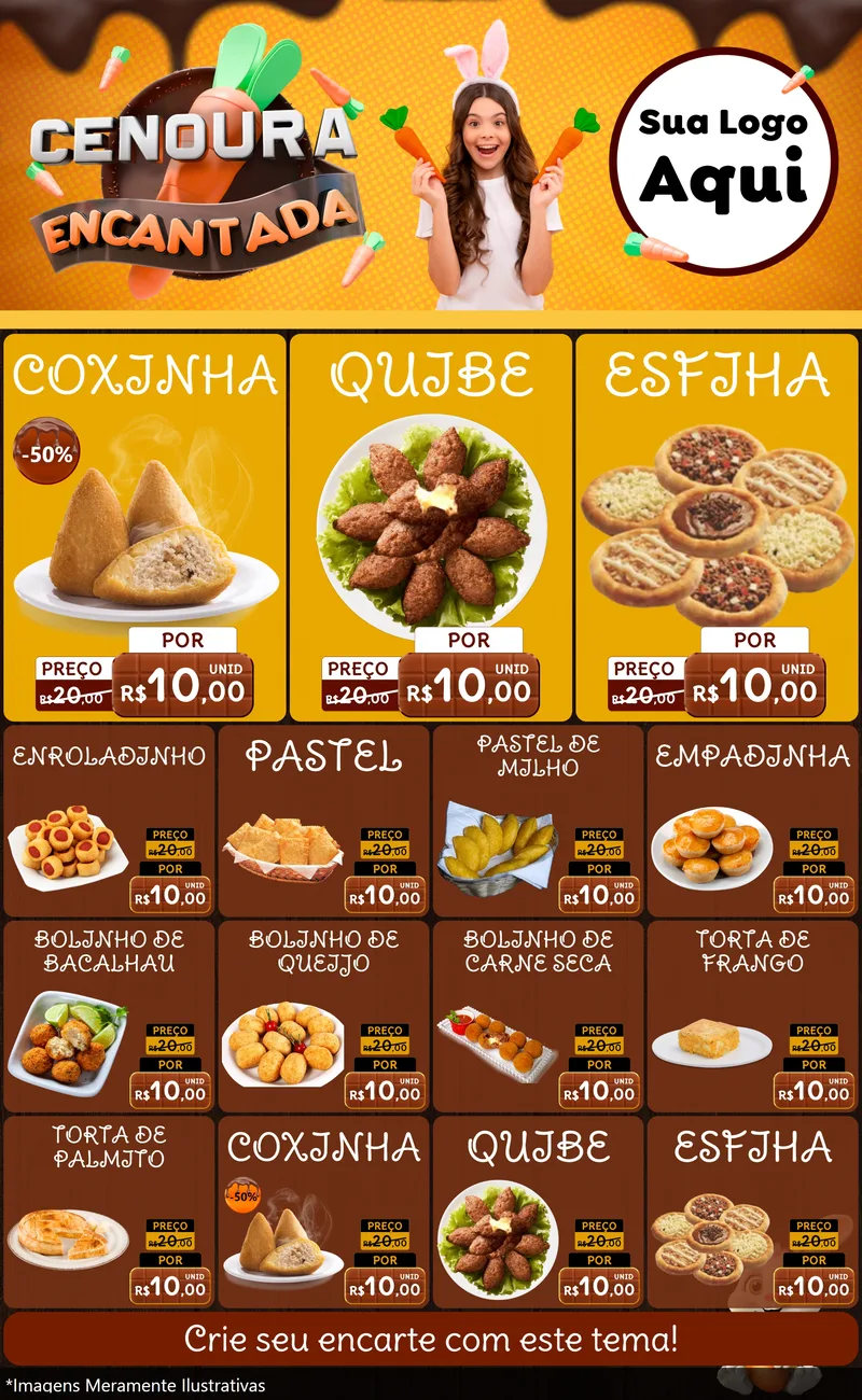 Modelo de Encarte para Encarte Grande com o tema Cenoura Encantada - Páscoa para Salgadaria