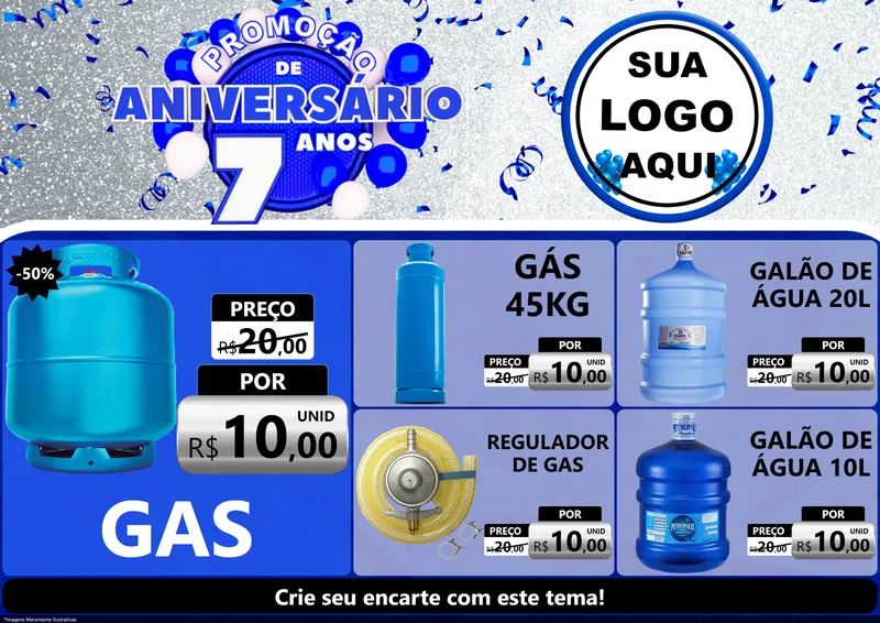Modelo de Encarte para Encarte A4 Horizontal com o tema Promoção de Aniversário - 7 Anos para Água e gás