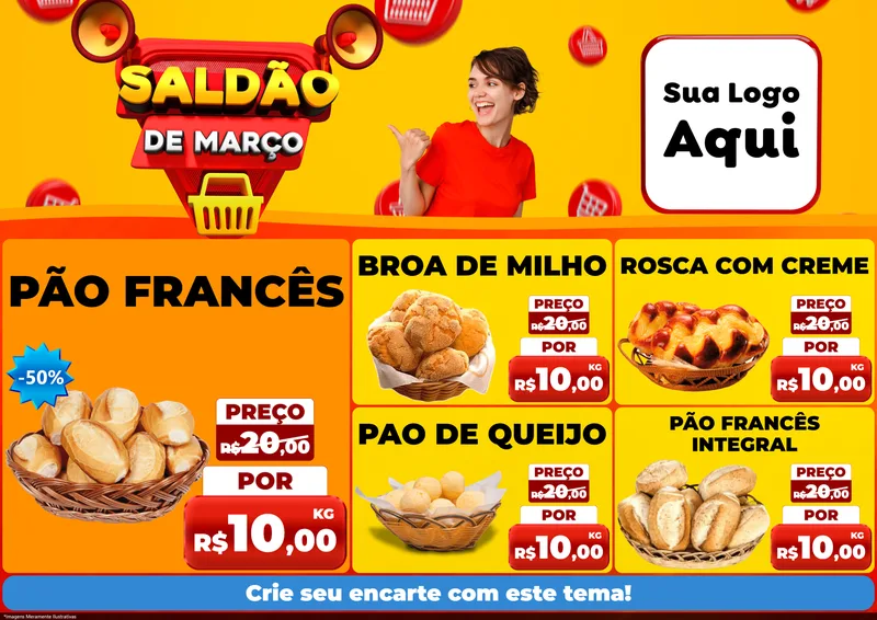 Modelo de Encarte para Encarte A4 Horizontal com o tema Saldão de Março para Padaria