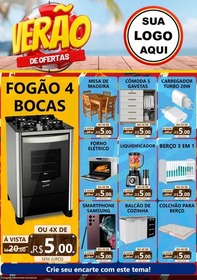 Modelo de Encarte para Encarte A4 Vertical com o tema Verão de Ofertas para Móveis e Eletro