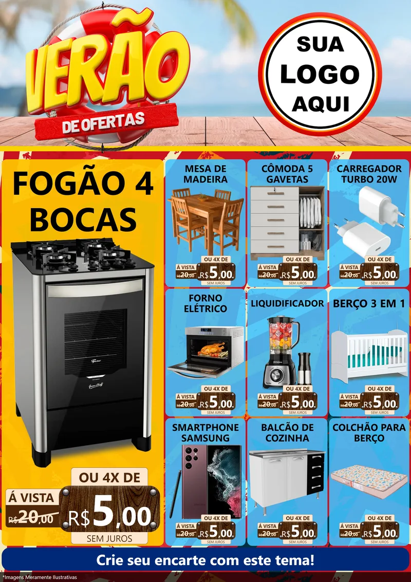 Modelo de Encarte para Encarte A4 Vertical com o tema Verão de Ofertas para Móveis e Eletro