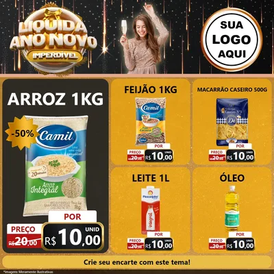 Modelo de Rede Social para Feed Facebook com o tema Liquida Ano Novo Imperdível para Supermercado