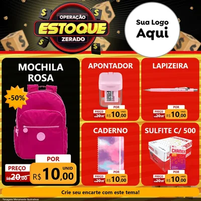 Modelo de Rede Social para Feed Facebook com o tema Operação Estoque Zerado para Papelaria