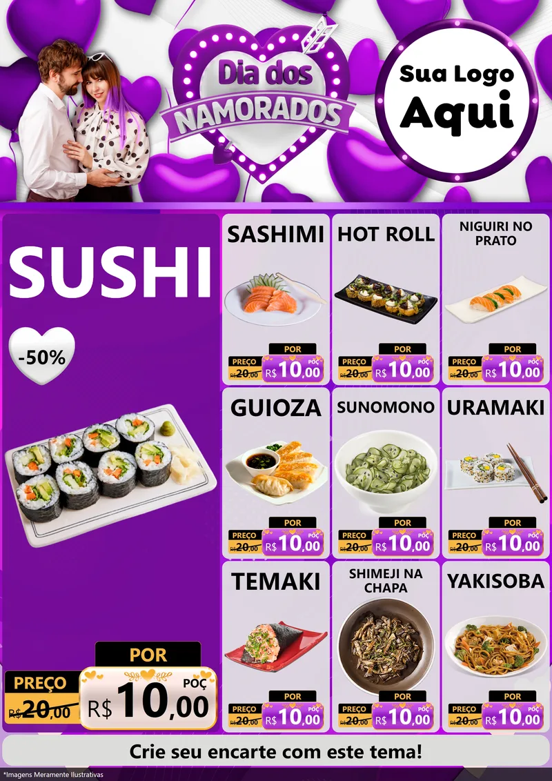 Modelo de Encarte para Encarte A4 Vertical com o tema Dia dos Namorados para Comida japonesa