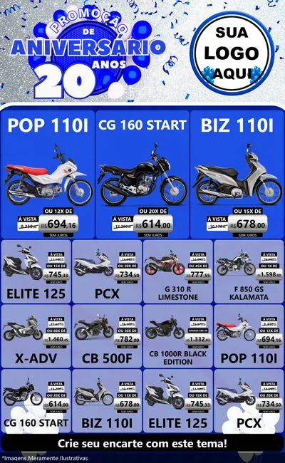 Modelo de Encarte para Encarte Grande com o tema Promoção de Aniversário - 20 Anos para Concessionaria de Motos