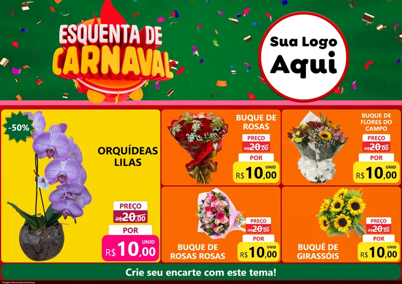 Modelo de Encarte para Encarte A4 Horizontal com o tema Esquenta de Carnaval para Floricultura e jardim