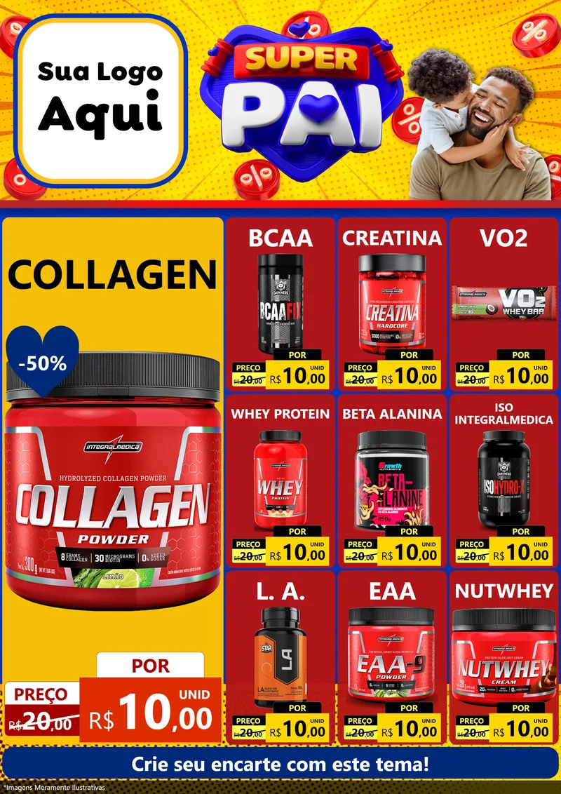 Modelo de Encarte para Encarte A4 Vertical com o tema Super Pai para Suplementos alimentares