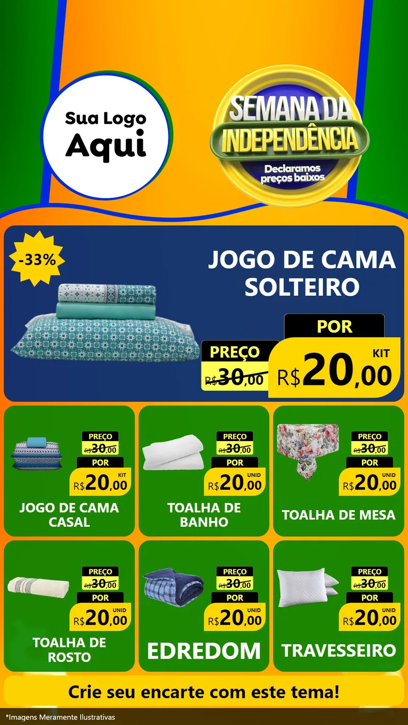 Modelo de Rede Social para Stories com o tema Semana da Independência Declaramos Preços Baixos para Cama, Mesa e Banho