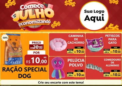 Modelo de Encarte para Encarte A4 Horizontal com o tema Comece Julho Economizando para Pet Shop