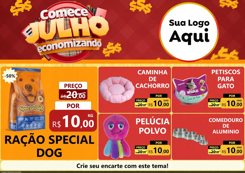 Modelo de Encarte para Encarte A4 Horizontal com o tema Comece Julho Economizando para Pet Shop