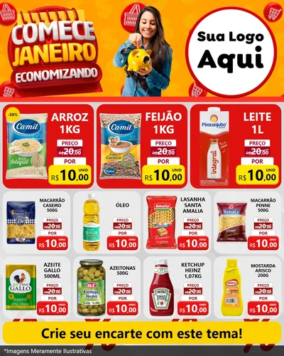 Modelo de Rede Social para Feed Instagram com o tema Comece Janeiro Economizando para Supermercado