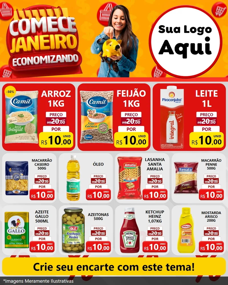 Modelo de Rede Social para Feed Instagram com o tema Comece Janeiro Economizando para Supermercado