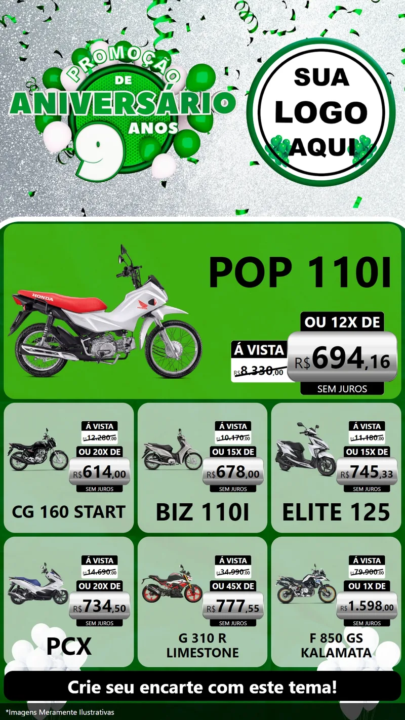 Modelo de Rede Social para Stories com o tema Promoção de Aniversário - 9 Anos para Concessionaria de Motos