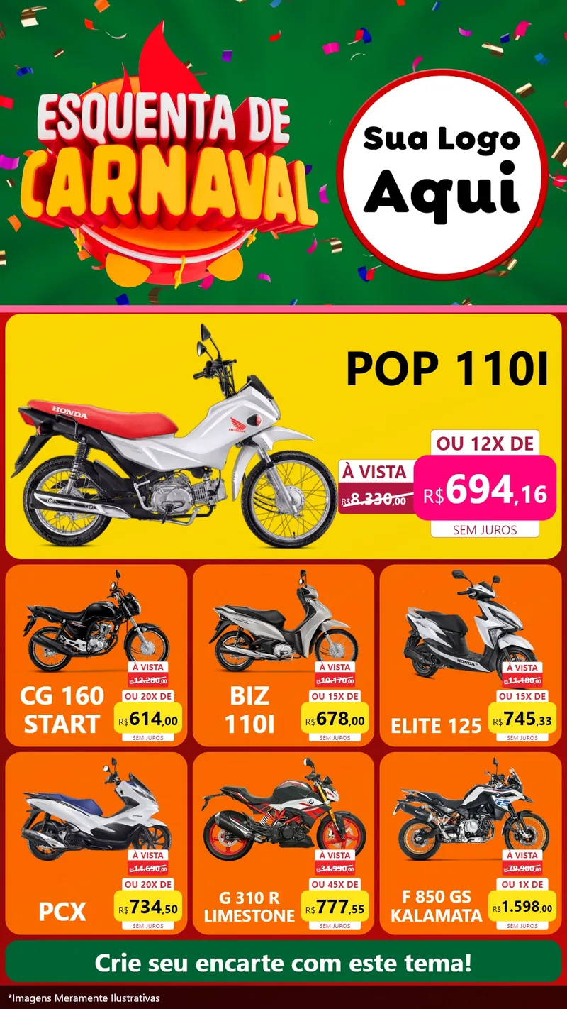 Modelo de Rede Social para Stories com o tema Esquenta de Carnaval para Concessionaria de Motos