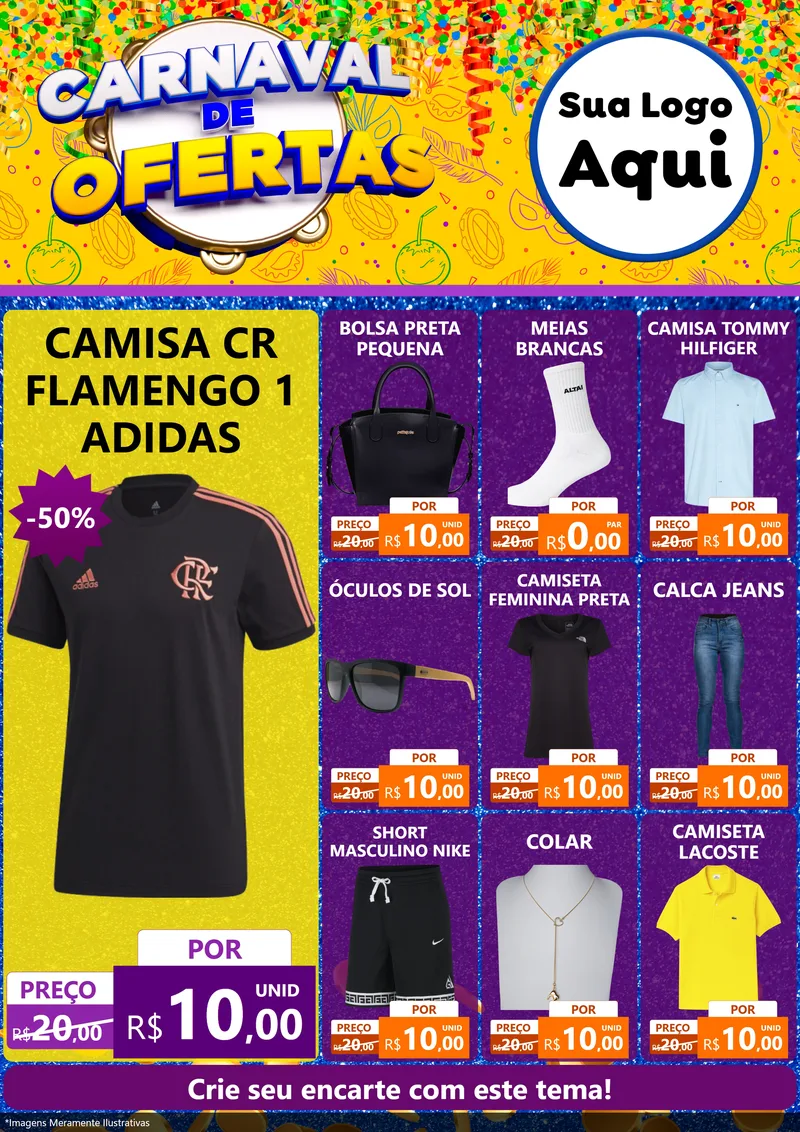 Modelo de Encarte para Encarte A4 Vertical com o tema Carnaval de Ofertas para Roupas e acessórios