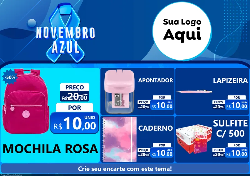 Modelo de Encarte para Encarte A4 Horizontal com o tema Novembro Azul para Papelaria