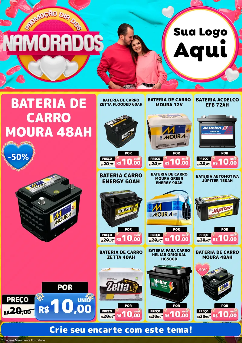 Modelo de Encarte para Encarte A4 Vertical com o tema Promoção Dia dos Namorados para Baterias Elétricas