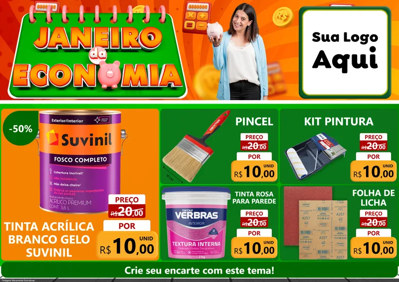 Modelo de Encarte para Encarte A4 Horizontal com o tema Janeiro da Economia para Tintas e Ferramentas