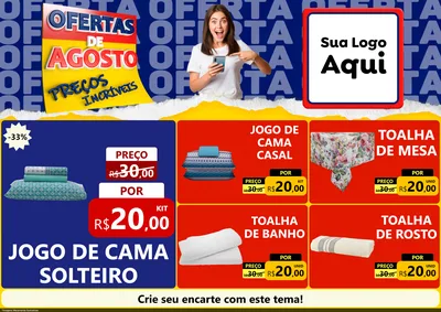 Modelo de Encarte para Encarte A4 Horizontal com o tema Ofertas de Agosto - Preços Incríveis para Cama, Mesa e Banho