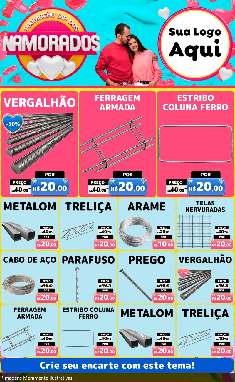 Modelo de Encarte para Encarte Grande com o tema Promoção Dia dos Namorados para Ferragens