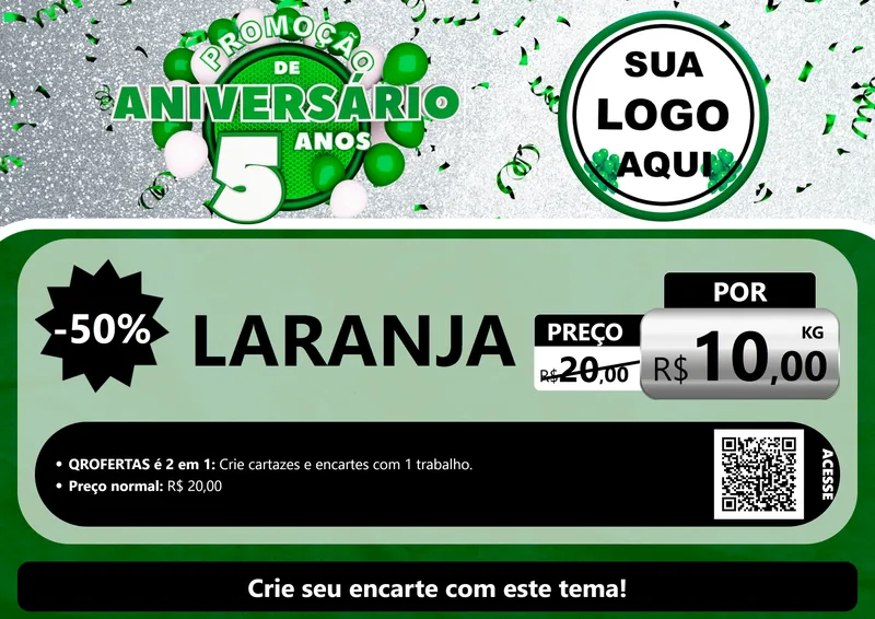 Modelo de Cartaz para Cartaz A4 Horizontal com o tema Promoção de Aniversário - 5 Anos para Hortifrúti
