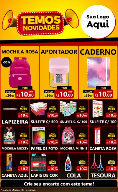 Modelo de Encarte para Encarte Grande com o tema Temos Novidades para Papelaria
