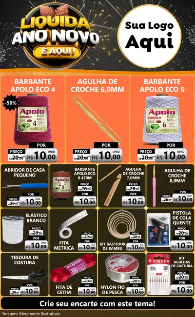 Modelo de Encarte para Encarte Grande com o tema Liquida Ano Novo É Aqui! para Armarinho e Aviamentos