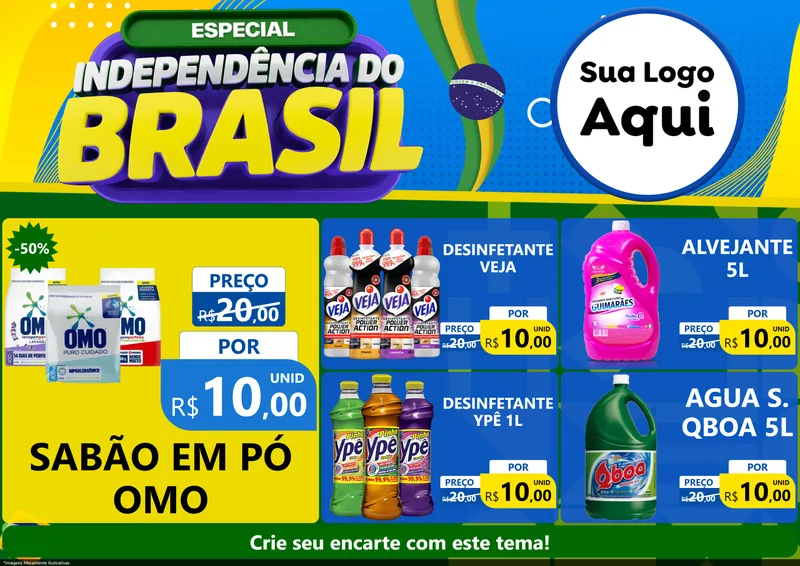 Modelo de Encarte para Encarte A4 Horizontal com o tema Especial Independência do Brasil para Produtos de Limpeza