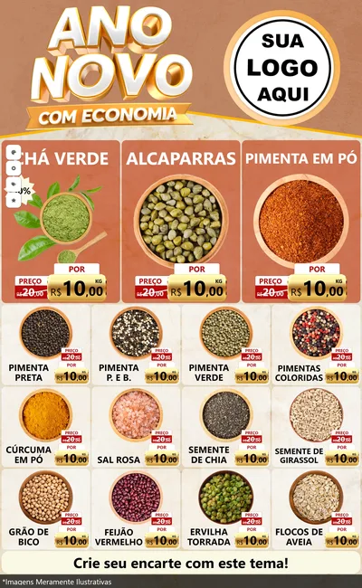 Modelo de Encarte para Encarte Grande com o tema Ano Novo Com Economia para Produtos Naturais