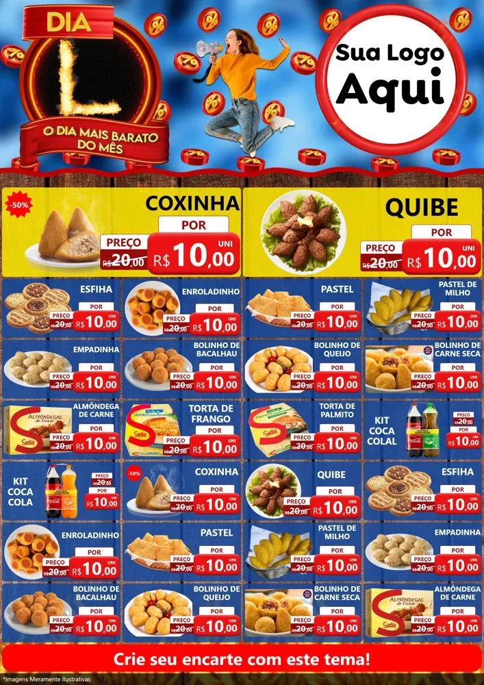 Modelo de Encarte para Encarte A4 Vertical com o tema Dia L - O Dia Mais Barato Do Mês para Salgadaria