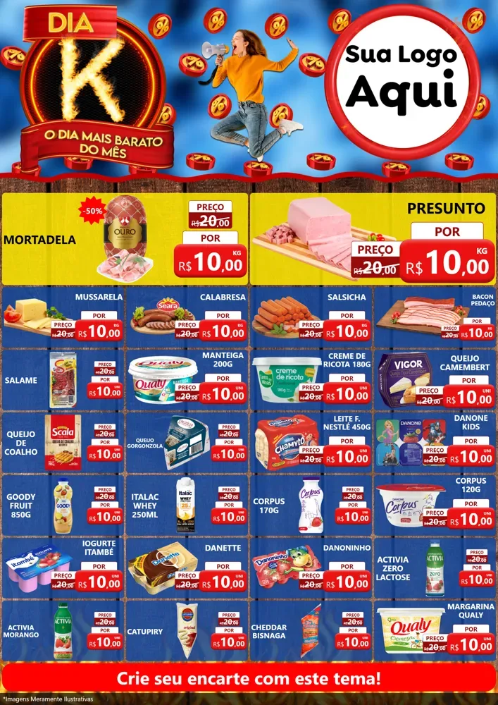 Modelo de Encarte para Encarte A4 Vertical com o tema Dia K - O Dia Mais Barato Do Mês para Frios e Laticínios