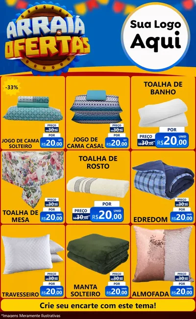 Modelo de Encarte para Encarte Grande com o tema Arraiá de Ofertas - Junina para Cama, Mesa e Banho