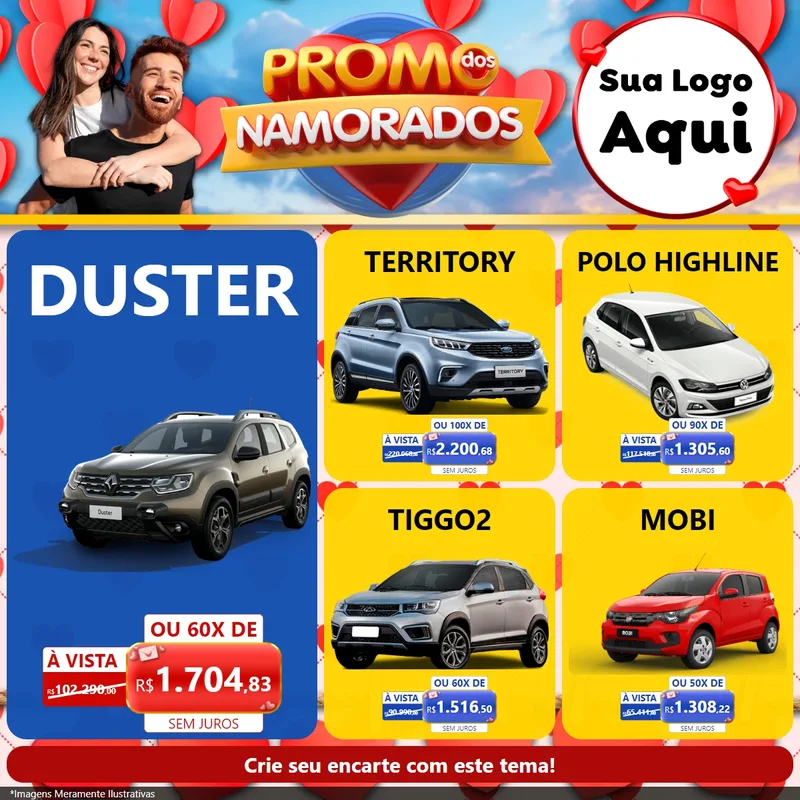 Modelo de Rede Social para Feed Facebook com o tema Promo dos Namorados para Concessionaria de Carros