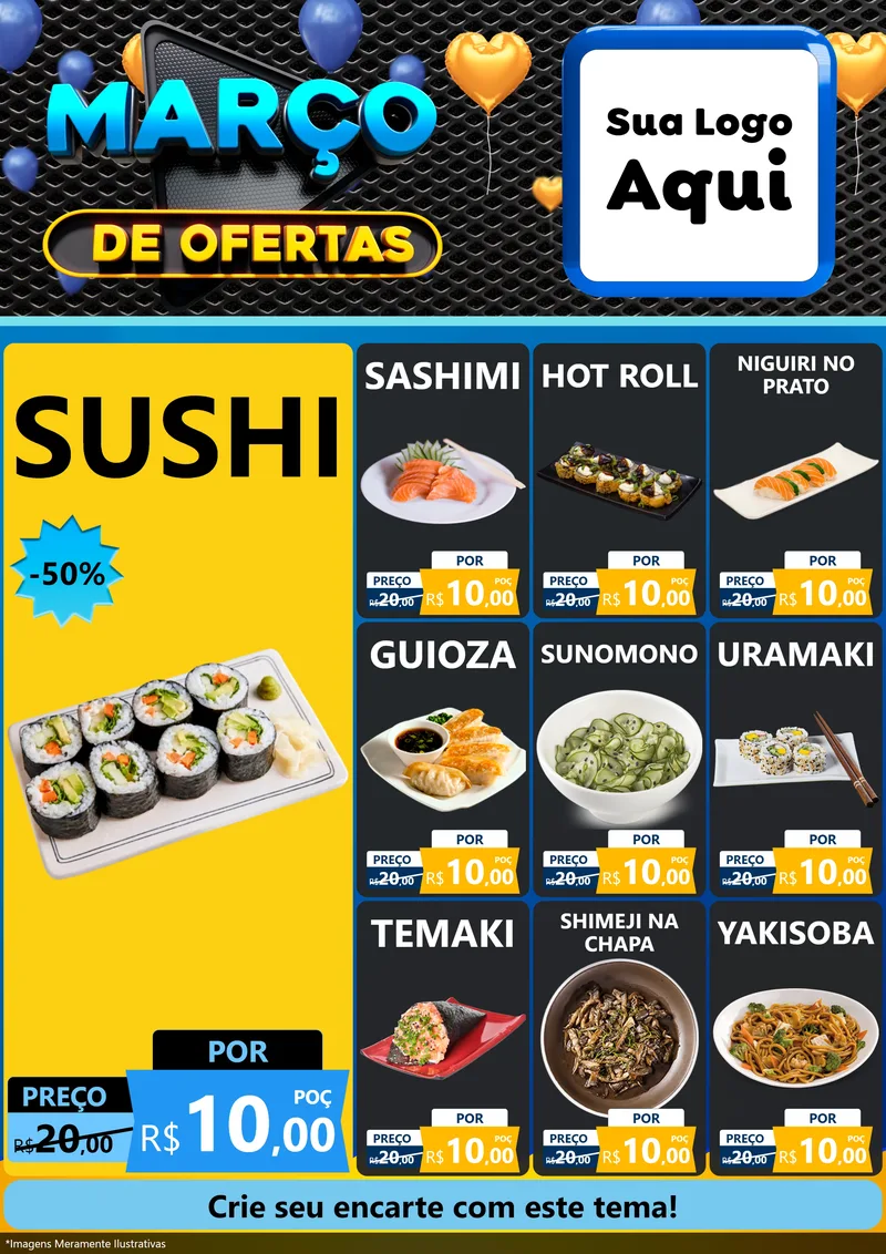 Modelo de Encarte para Encarte A4 Vertical com o tema Março de Ofertas para Comida japonesa