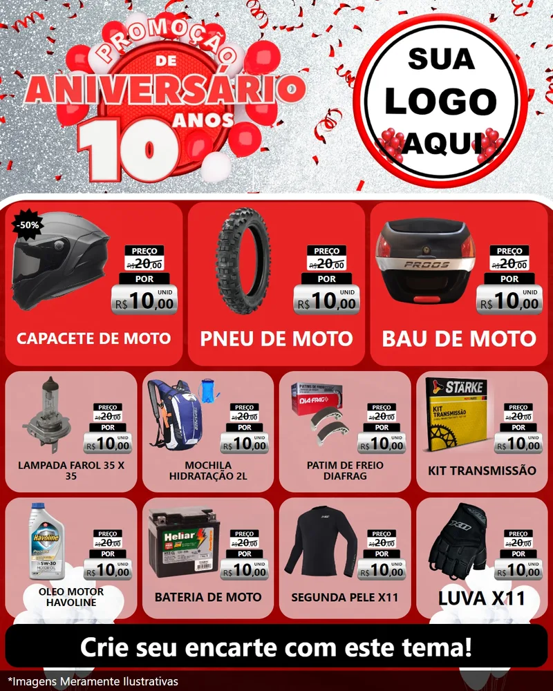 Modelo de Rede Social para Feed Instagram com o tema Promoção de Aniversário - 10 Anos para Moto peças