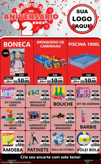 Modelo de Encarte para Encarte Grande com o tema Promoção de Aniversário - 2 Anos para Brinquedos