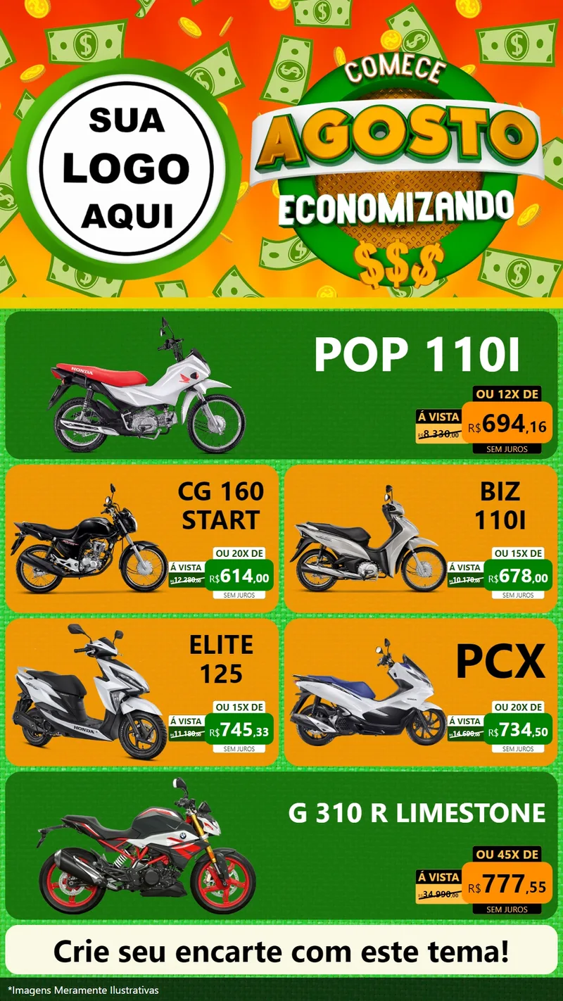 Modelo de TV para TV Vertical com o tema Comece Agosto Economizando para Concessionaria de Motos
