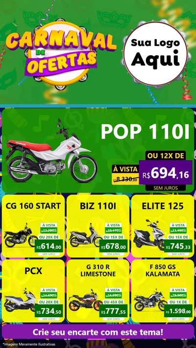 Modelo de Rede Social para Stories com o tema Carnaval de Ofertas para Concessionaria de Motos