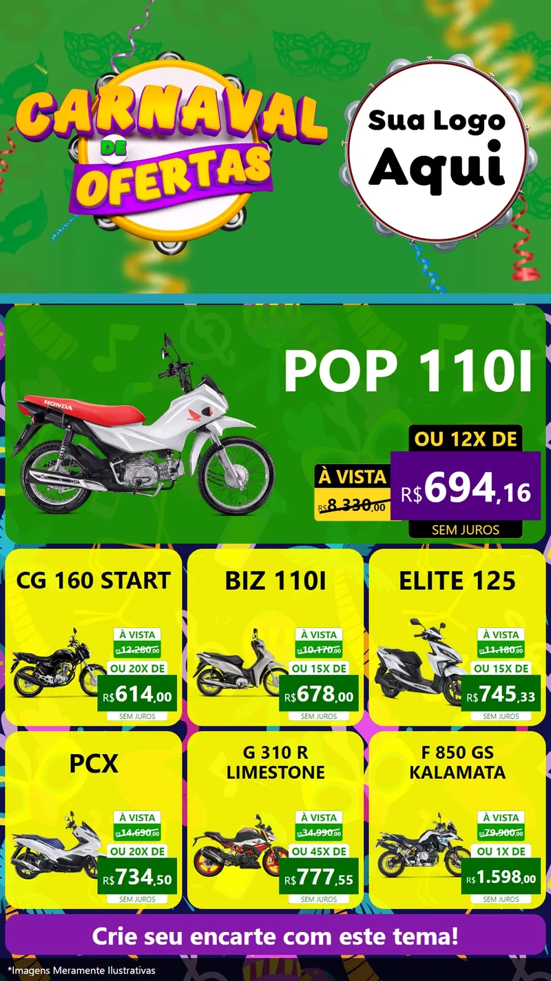 Modelo de Rede Social para Stories com o tema Carnaval de Ofertas para Concessionaria de Motos