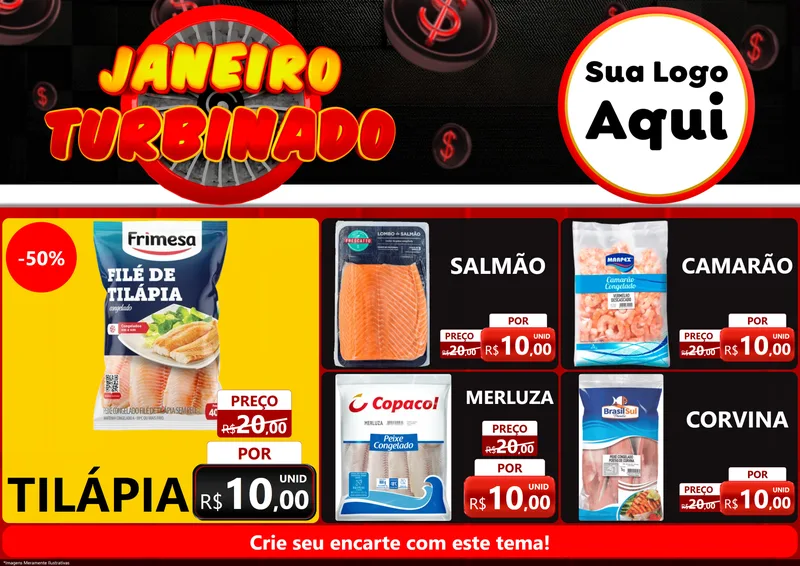 Modelo de Encarte para Encarte A4 Horizontal com o tema Janeiro Turbinado para Peixaria
