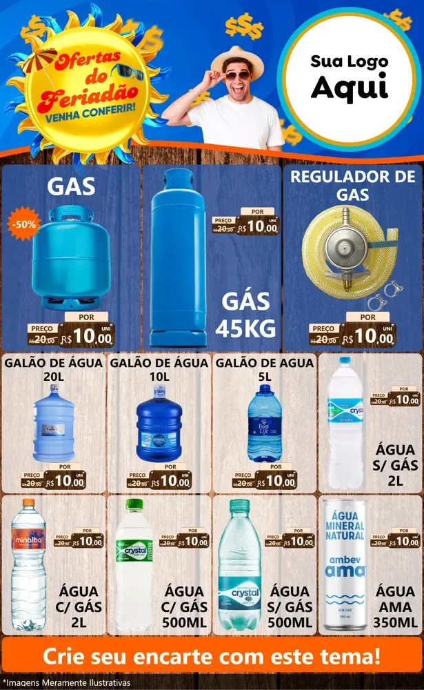 Modelo de Encarte para Encarte Grande com o tema Ofertas do Feriadão para Água e gás