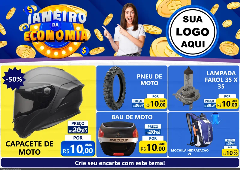 Modelo de Encarte para Encarte A4 Horizontal com o tema Janeiro da Economia para Moto peças