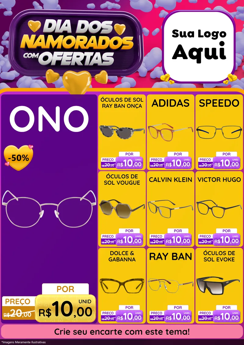 Modelo de Encarte para Encarte A4 Vertical com o tema Dia Dos Namorados Com Ofertas para Óticas