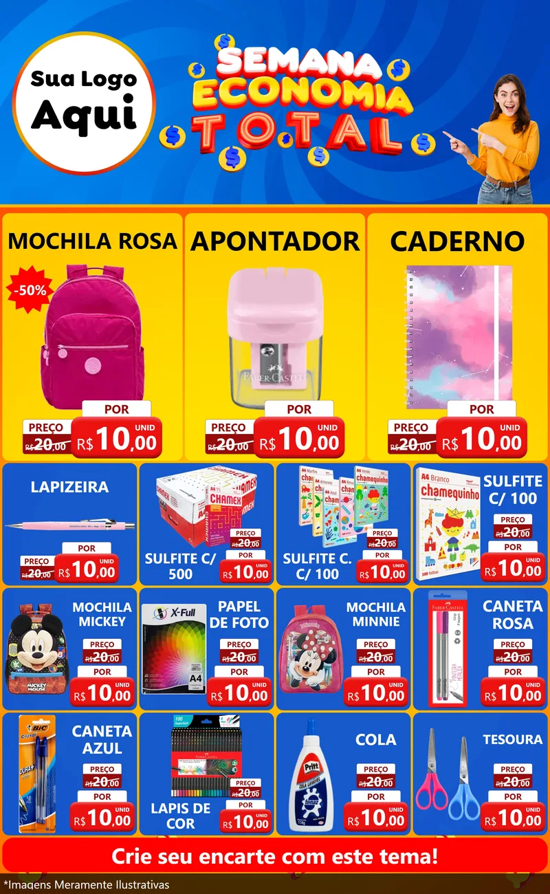 Modelo de Encarte para Encarte Grande com o tema Semana Economia Total para Papelaria