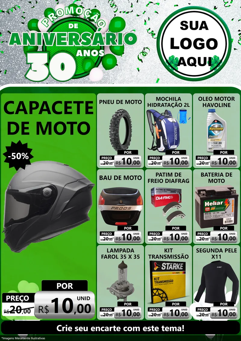 Modelo de Encarte para Encarte A4 Vertical com o tema Promoção de Aniversário - 30 Anos para Moto peças