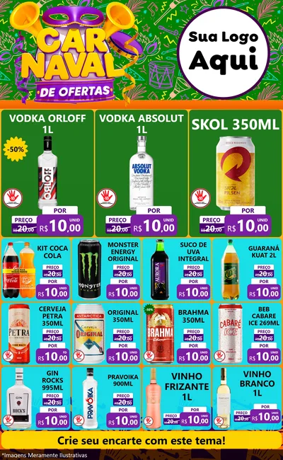Modelo de Encarte para Encarte Grande com o tema Carnaval de Ofertas para Distribuidora de bebidas