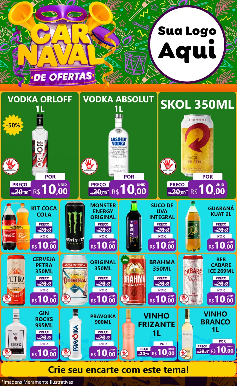 Modelo de Encarte para Encarte Grande com o tema Carnaval de Ofertas para Distribuidora de bebidas