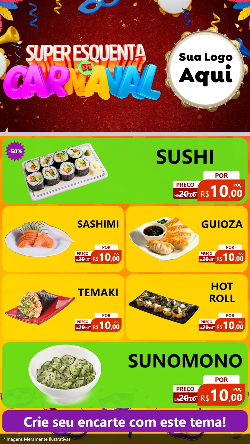 Modelo de TV para TV Vertical com o tema Super Esquenta de Carnaval para Comida japonesa