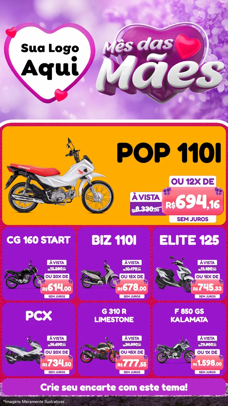 Modelo de Rede Social para Stories com o tema Mês das Mães para Concessionaria de Motos