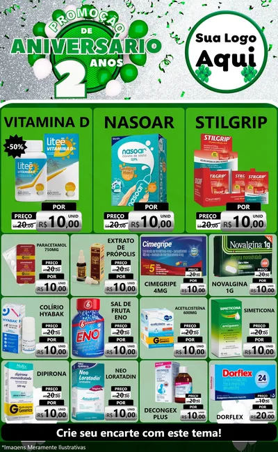Modelo de Encarte para Encarte Grande com o tema Promoção de Aniversário - 2 Anos para Farmácia